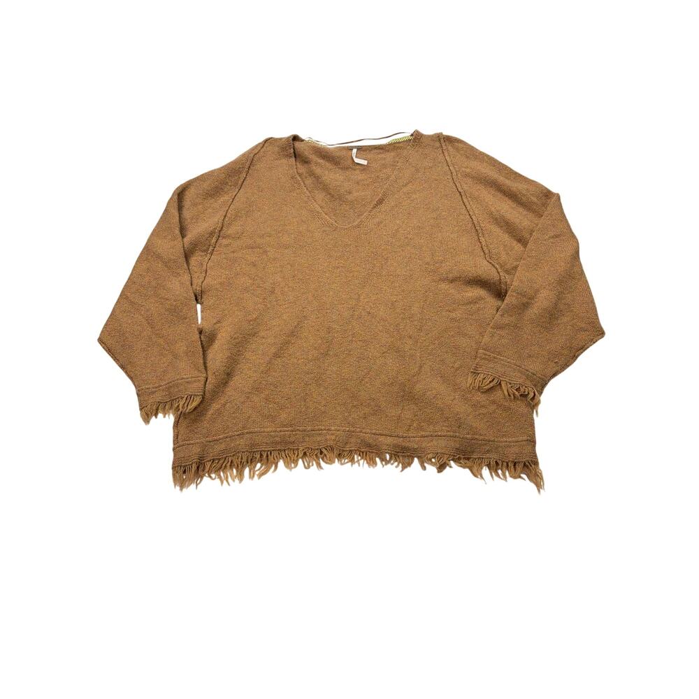 Free People brown heathered V neck sweater, fringe waist, cuffs. Size XS. boho